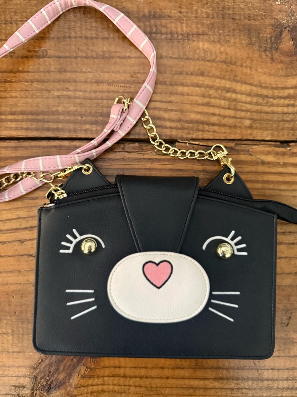 Luv Betsey Black Cat Crossbody Bag Pink Gold Chain